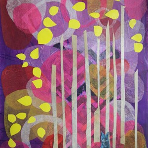 Blue Fox, fox, aspens, forest, trees, abstract landscape, whimsical, purple, wall decor, art print, modern abstract art, illustration