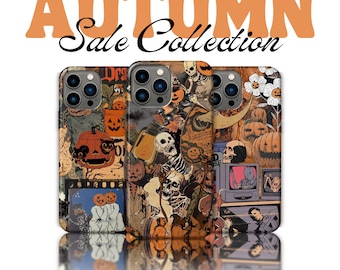 Cute Halloween Fall Aesthetic Phone Case, Autumn Themed Gifts, Pumpkin Skeleton Black Cat Collage | iPhone 15 14 13, Samsung S24 and more
