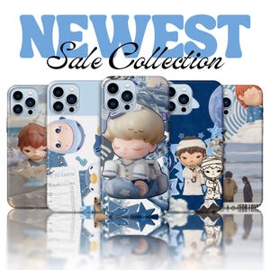 May include: Set of six blue and white phone cases with various cartoon characters and designs. The cases feature a blue and white color scheme with stars, clouds, and other whimsical elements. The text "NEWEST Sale Collection" is displayed at the top of the image.