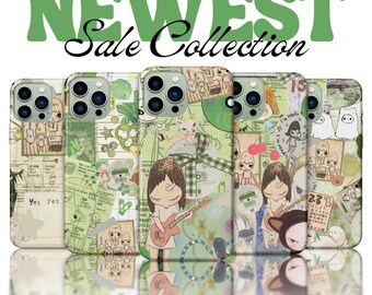Yoshitomo Nara Phone Case, Green Japanese Aesthetic Collage Phone Cover | iPhone 16 15 14 13 Pro Plus Max, Samsung S24 S23 S22 S21 and more