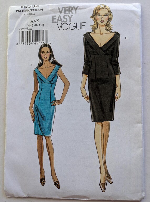 Vogue V-Neck Dress Sewing Pattern V8532: Empire Waist, Sizes 4-10 (UNCUT)