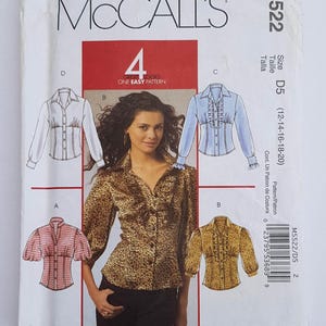 McCalls Sewing Pattern M5522 Womens Front Buttoning Shirts with Gathers and Top Stitching Size 12-20 Uncut