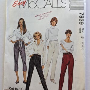 May include: A sewing pattern for trousers, with four different styles. The pattern is for sizes 8, 10, and 12. The pattern is called "Easy McCall's" and the pattern number is 7939.