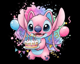 Angel Stitch Birthday PNG Clipart | Digital Download | High-Resolution Transparent Background | Sublimation & Craft Use | Stitch Watercolor