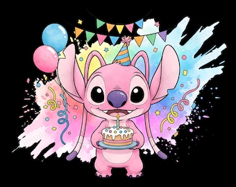 Angel Stitch Birthday PNG Clipart | Digital Download | High-Resolution Transparent Background | Sublimation & Craft Use | Stitch Watercolor