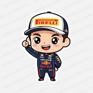 Puede incluir: Una pegatina de dibujos animados de un piloto de carreras sonriente con una gorra blanca con "PIRELLI" en rojo y amarillo. El piloto lleva un traje de carreras azul marino con "Red Bull" y otros logotipos de patrocinadores.