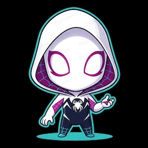 Può includere: Illustrazione in stile chibi di un personaggio di supereroe in un costume bianco con cappuccio e accenti viola. Il personaggio ha grandi occhi espressivi e un'emblema di ragno sul petto. Lo sfondo è nero, con una base turchese.