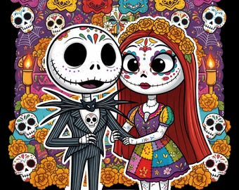 Jack and Sally Dia De Los Muertos PNG Clipart | Digital Download | High-Resolution Transparent Background | Sublimation & Craft | Halloween