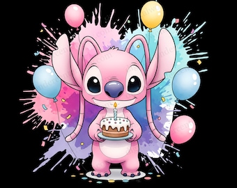 Angel Stitch Birthday PNG Clipart | Digital Download | High-Resolution Transparent Background | Sublimation & Craft Use | Stitch Watercolor