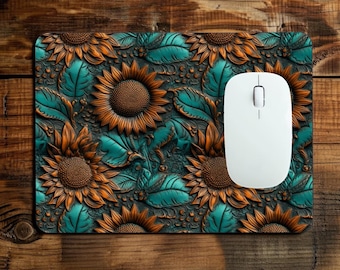 Sunflower Mouse Pad – Teal Leaf Botanical Desk Mat for Office & Home