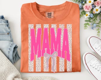 Trendy Mama Graphic Tee – Leopard Stripe Pink Bow Shirt | Cute Mom T-Shirt