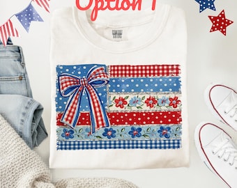 Patriotic Patchwork Flag Bow Shirt | Floral American Fourth of July Graphic Tee