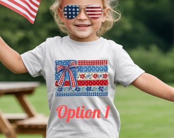 Patriotic Patchwork Flag Bow Shirt for Girls | 4th of July Tee
