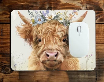 Highland Cow Mouse Pad – Floral Crown Desk Mat, Western Boho Office Decor