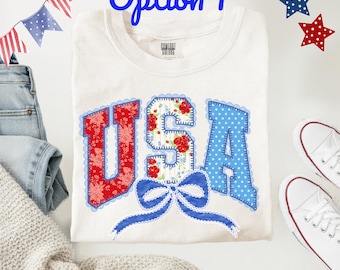 Floral USA Patriotic Bow Shirt | Cute Coquette Fourth of July Graphic Tee