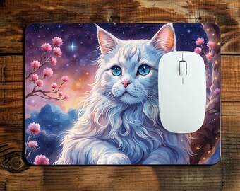Cherry Blossom Cat Mouse Pad – Aesthetic Floral Cat Design for Workspaces