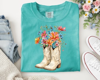 Western Boots with Flowers Shirt – Cowgirl Graphic Tee, Floral Country T-Shirt
