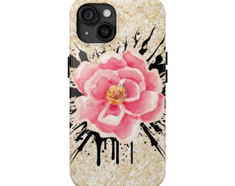 Floral Splash Tough Phone Case — Pink Watercolor Rose on Gold Glitter