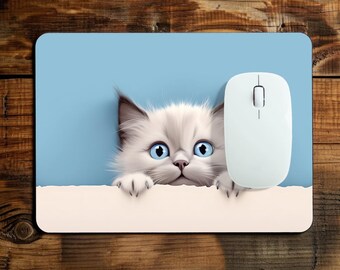 White Cat Mouse Pad – Blue‑Eyed Kitty Design for Office & Home
