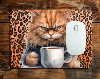 Funny Cat Mouse Pad | Angry Orange Cat with Coffee with Leopard Print Background