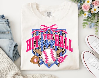 Hit The Dang Ball Shirt | Pink Leopard Baseball Tee with Bats, Glove & Bow