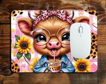 Cute Cow Mouse Pad – Pink Bubble Tea Cow with Glasses, Aesthetic Desk Mouse Pad