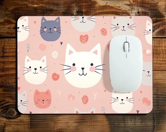 Cute Cat Pattern Mouse Pad – Pastel Kitty Faces Desk Accessory, Aesthetic Office
