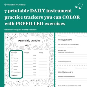 May include: Black and white printable music practice tracker with a musical theme. The tracker includes sections for exercise, length, and notes. It also includes a weekly and monthly summary section.