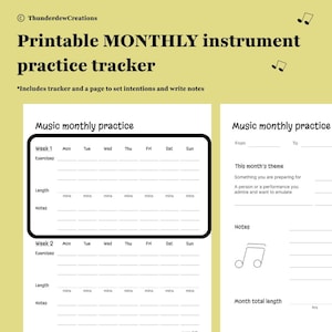 May include: Printable monthly music practice tracker with two pages. The first page has a weekly calendar for two weeks with sections for exercises, length in minutes, and notes. The second page has a section for a monthly theme, notes, and total practice length in hours.
