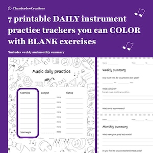 Könnte beinhalten: Druckbarer täglicher Musik-Übungstracker mit leeren Übungen. Der Tracker enthält einen Abschnitt für Übung, Länge und Notizen. Er enthält auch einen Abschnitt für eine wöchentliche und monatliche Zusammenfassung.
