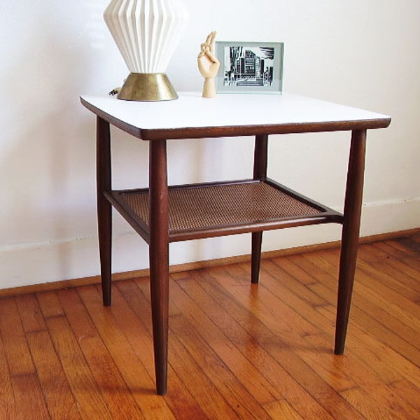 Mid Century Two Tier Wooden Side Table with White Laminate Top