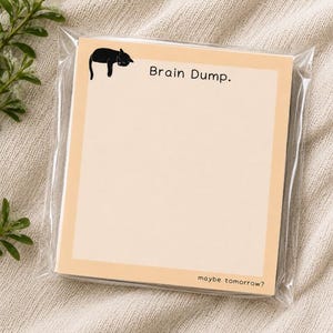 May include: A square notepad with a light peach center and a darker peach border, encased in clear plastic. The top features a black illustration of a sleeping cat and the text Brain Dump. The bottom right corner displays the text maybe tomorrow?