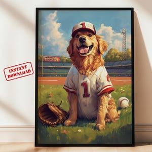 Golden retriever art print funny dog sport poster, baseball art, golden retriever wall art, gift for dog mom or dad