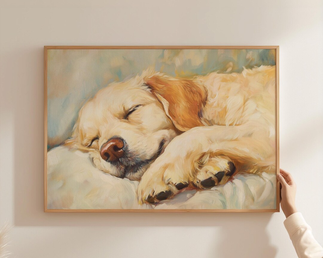 Golden Retriever Puppy Wall Art, Cute Pet Painting, Sleeping Dog Print ...