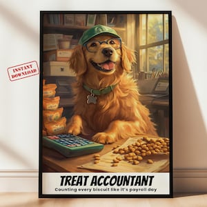 Golden retriever art, funny dog art, golden retriever mom gifts, funny accountant gifts, humorous print wall decor, dog lover gift