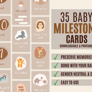 35 cartes jalons et cartes mensuelles imprimables en téléchargement numérique - Anglais cadeau de baby shower animaux mignons et neutre sexiste