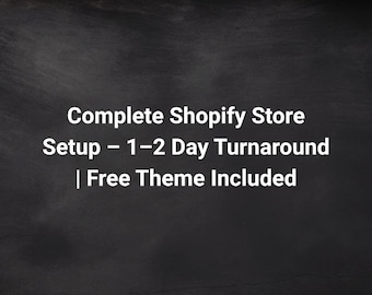 Puede incluir: Texto blanco sobre fondo gris oscuro: "Complete Shopify Store Setup - 1-2 Day Turnaround | Free Theme Included". El texto está centrado y en una fuente sans-serif. El fondo tiene una apariencia sutil y texturizada.