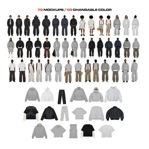Op de afbeelding: 70 mockups van verschillende kledingstukken, waaronder hoodies, sweatshirts, t-shirts, broeken en jassen, in verschillende grijstinten. De mockups worden gepresenteerd op mannequins en zijn gerangschikt in rijen. De tekst "70 MOCKUPS / 50 CHANGABLE COLOR" wordt bovenaan de afbeelding weergegeven.
