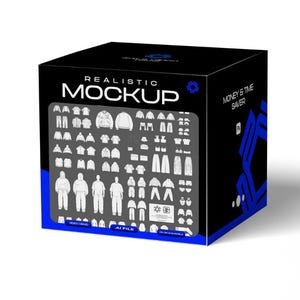 May include: A black box with a blue and white design. The box has the text "Realistic Mockup" and "Money & Time Saver" on it. The box contains a variety of clothing mockups.