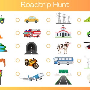 May include: A colorful illustration titled "Roadtrip Hunt" features various vehicles and objects, including a tractor, car, fire truck, church, and more. The image is designed to engage and entertain.