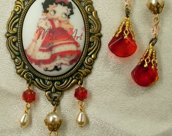 Little BETTY BOOP Child Pearls Teardrops Porcelain Cameo Solid Brass Brooch OR Necklace Miss-art SparklingTreasures2U