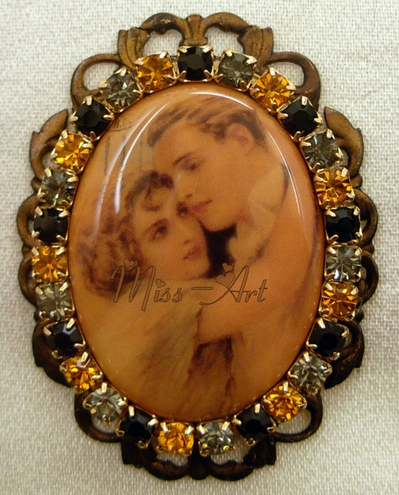 Victorian Couple Postcard Vintage Ephemera Porcelain Cameo Brooch