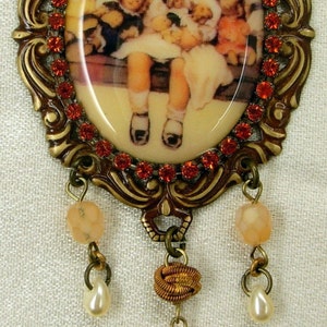 Victorian Girl With Antique Dolls Porcelain Cameo Brooch OR Pendant & Earrings Glass Rhinestones Peach Glass Teardrops Solid Brass Miss-art