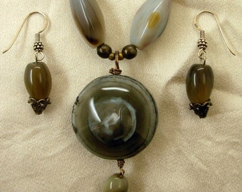 Z-Eye Gray Agate Dark Bronze Beads Sterling Clasp and Bead Caps Necklace Earrings Set OOAK Miss-art SparklingTreasures2U