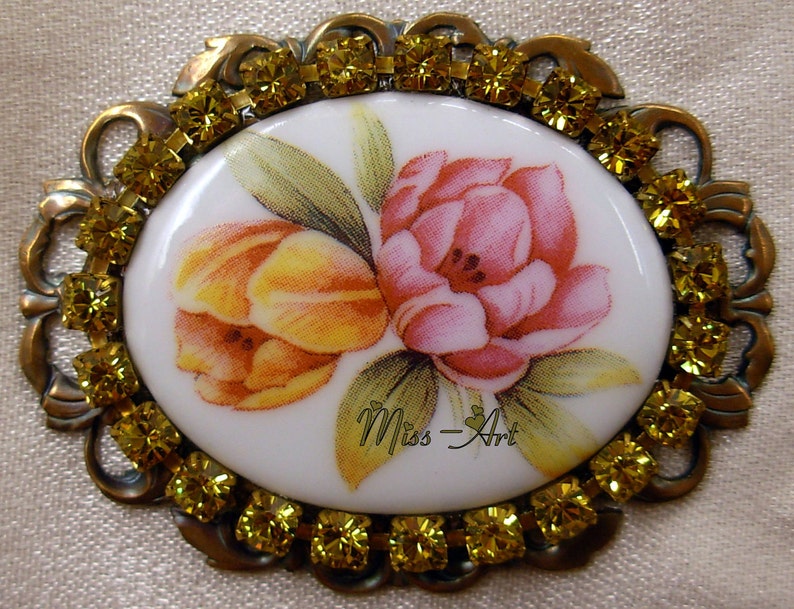 Spring FLOWER BLOOMS Porcelain Cameo Brooch OR Pendant Solid Brass Filigree Glass Rhinestones Miss-art SparklingTreasures2U image 1