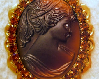 Fancy Young Lady Profile Slag Glass Cameo Rootbeer Brown Solid Brass Filigree Brooch OR Pendant Swarovski Glass Rhinestones Dark Smoky Topaz