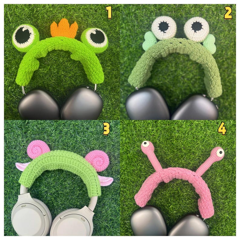 K&ouml;nnte beinhalten: Vier verschiedene geh&auml;kelte Kopfh&ouml;rerbez&uuml;ge. Die Bez&uuml;ge sind in Form eines Frosches, einer Schnecke, eines Wurms und einer Raupe. Die Bez&uuml;ge sind alle gr&uuml;n und rosa.