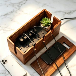 May include: A rectangular wooden cable management box with a removable lid, containing a black power strip with multiple outlets and plugged-in charging cables. A small green succulent in a white pot sits inside, and a smartphone rests on the lid.