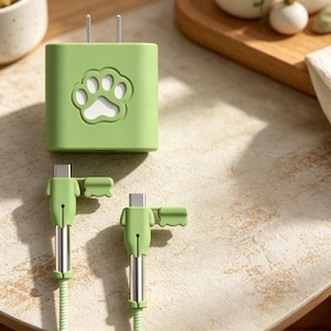 猫の肉球型シリコン製充電器プロテクター4点セット、断線防止ケーブルセーバー、デュアルType-C / Type-C - Lightningケーブルラップ、iPhone用アクセサリー