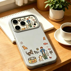 Puede incluir: Una funda de teléfono gris claro adornada con pegatinas con temática de gatos. Las pegatinas incluyen varias ilustraciones de gatos, peces y una persona sosteniendo un gato. La funda tiene un parachoques protector alrededor de las lentes de la cámara.